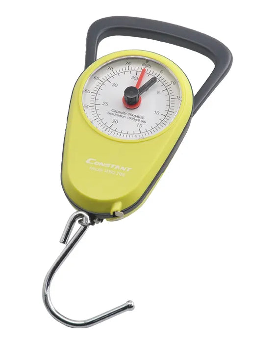 Portable mechanical luggage scale in yellow, with a dial face, a carry grip and a steel hook