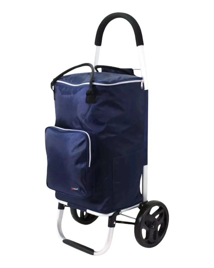 Navy blue shopping trolley with wheels on a white background