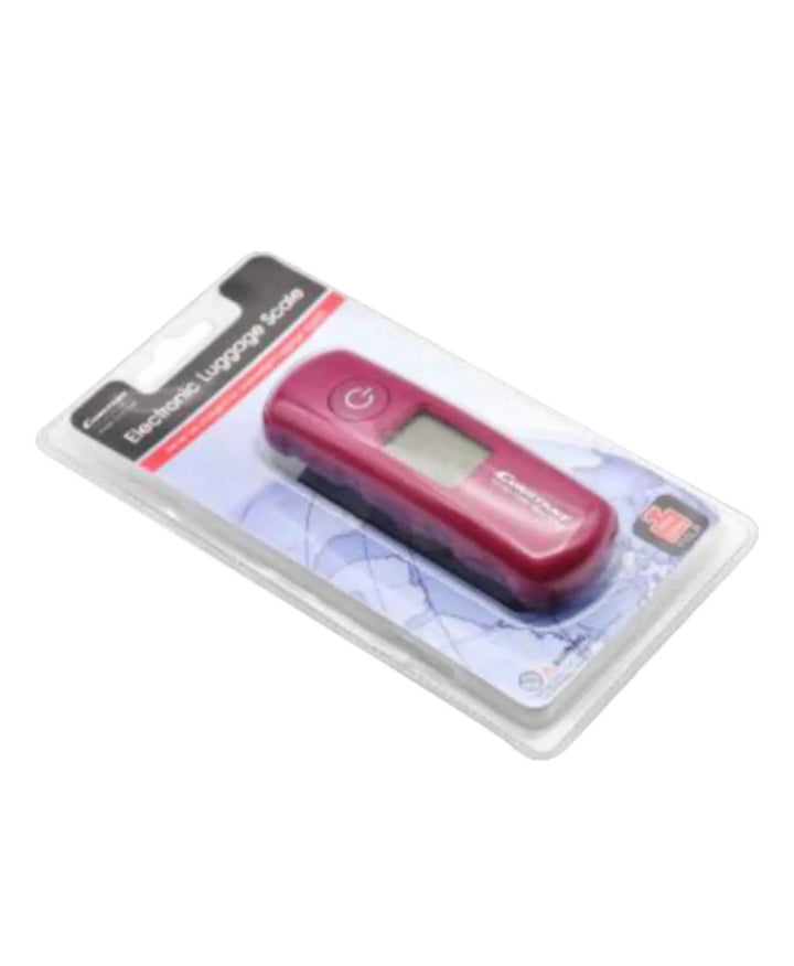 Pink electronic luggage scale in packaging on a white background