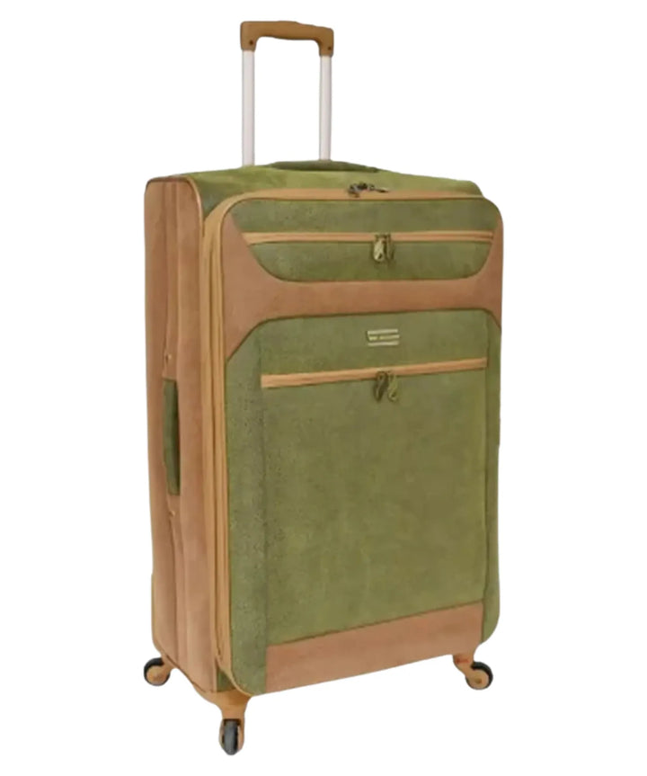 Green and brown suitcase on a white background