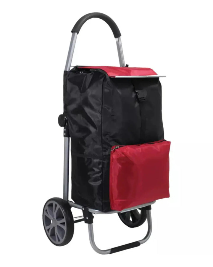 Cart with black and red bags on a white background