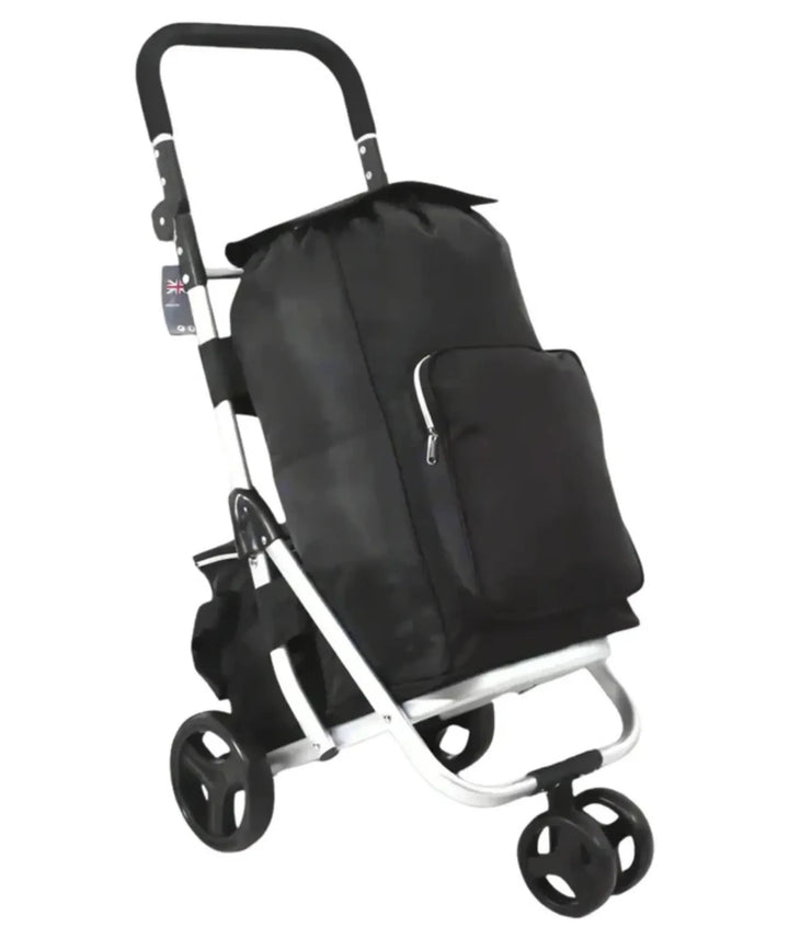 Black shopping trolley with a bag on a white background