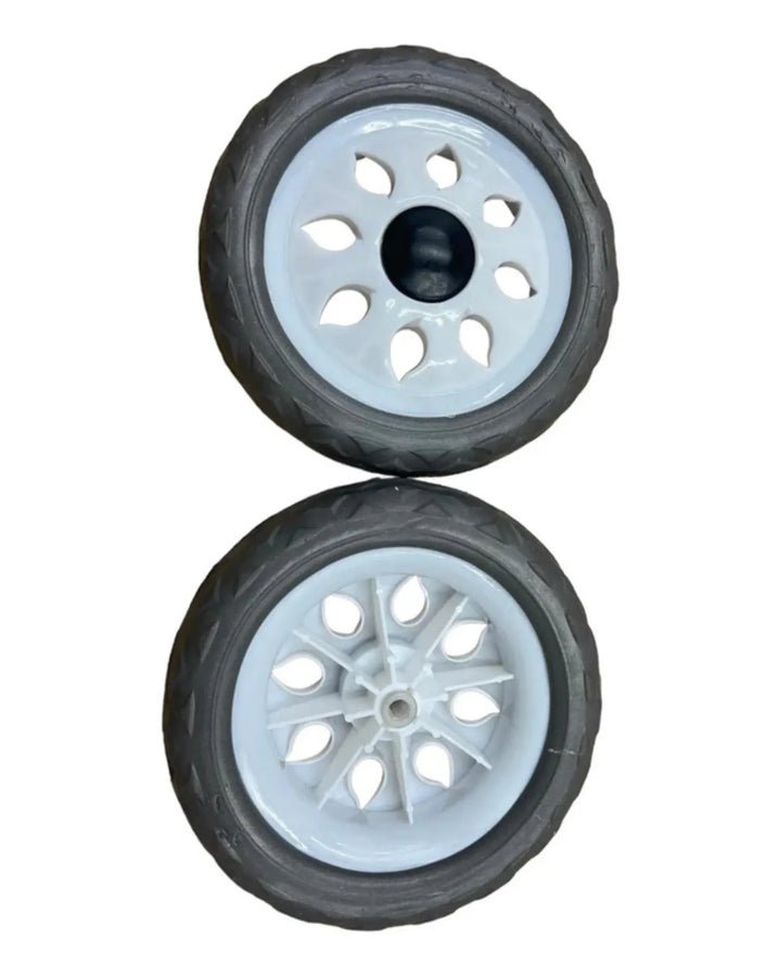 Two black wheels with white hubs on a white background