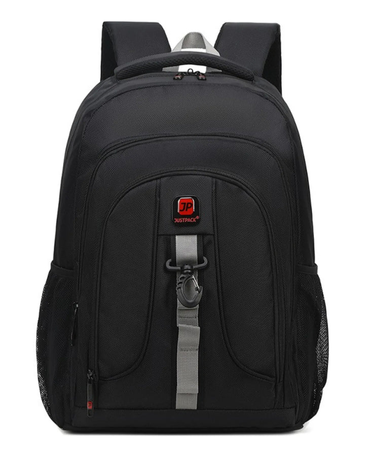 Black backpack with a visible brand logo on a white background
