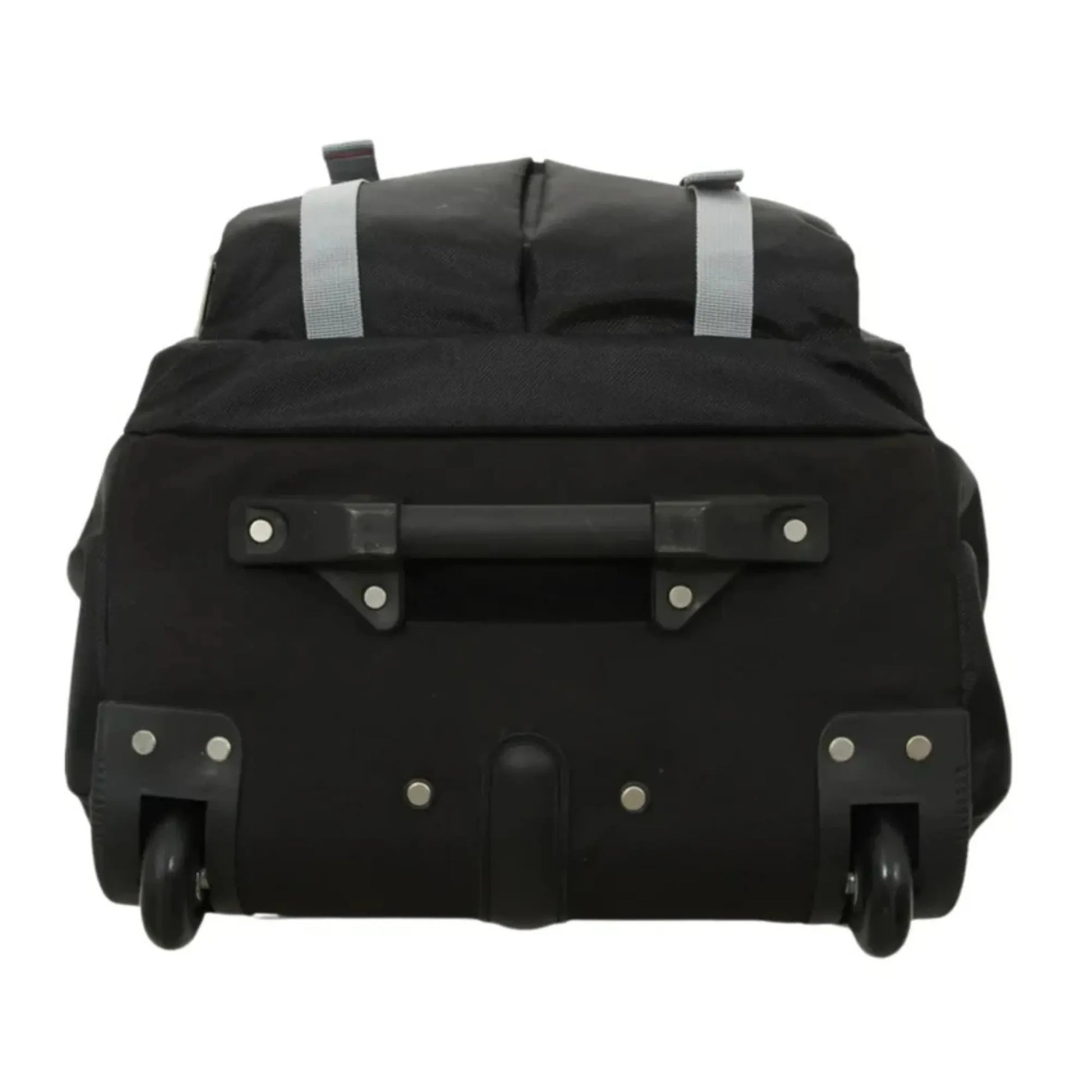 Black suitcase with wheels and a handle on a white background