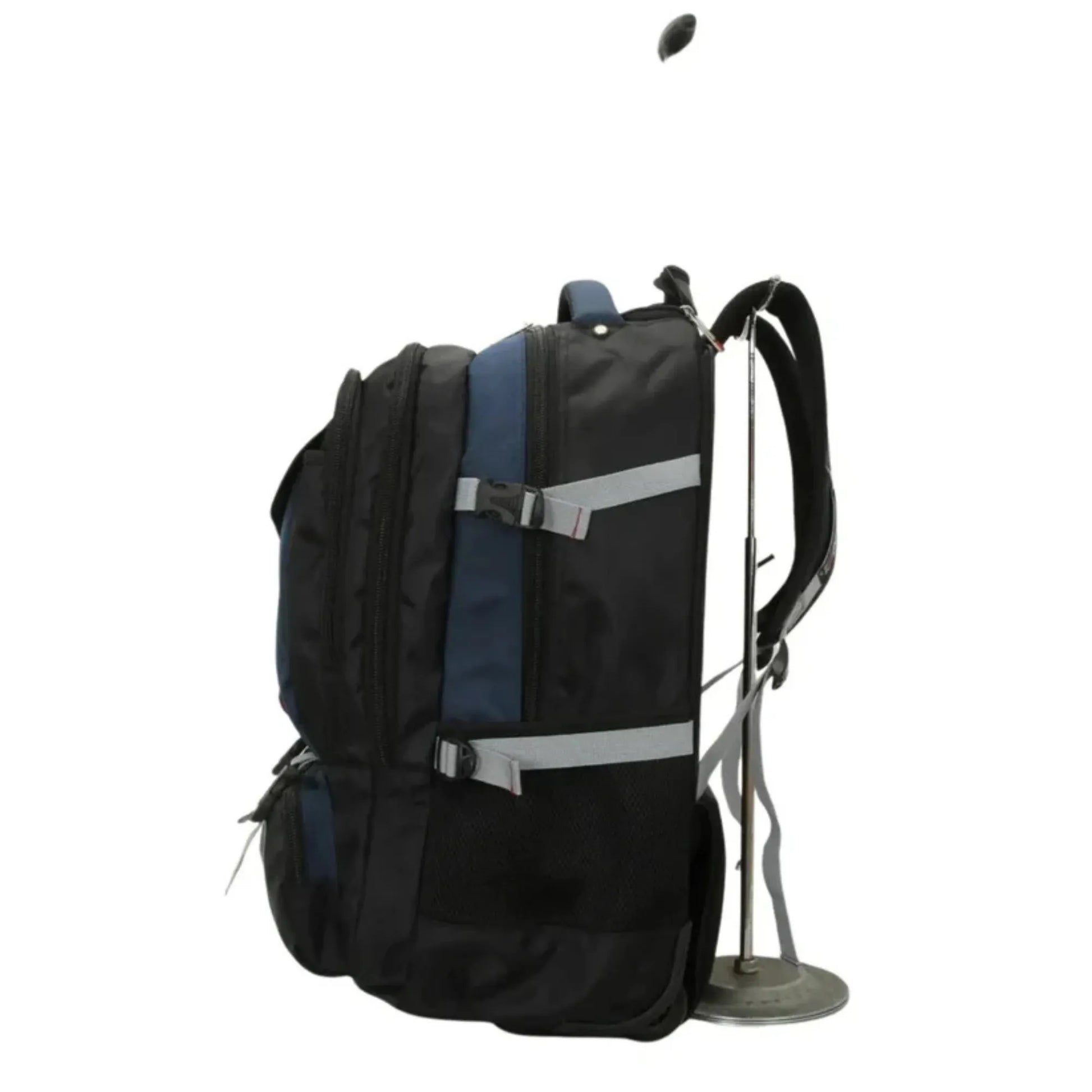 Black and blue backpack with a reflective strip on a white background