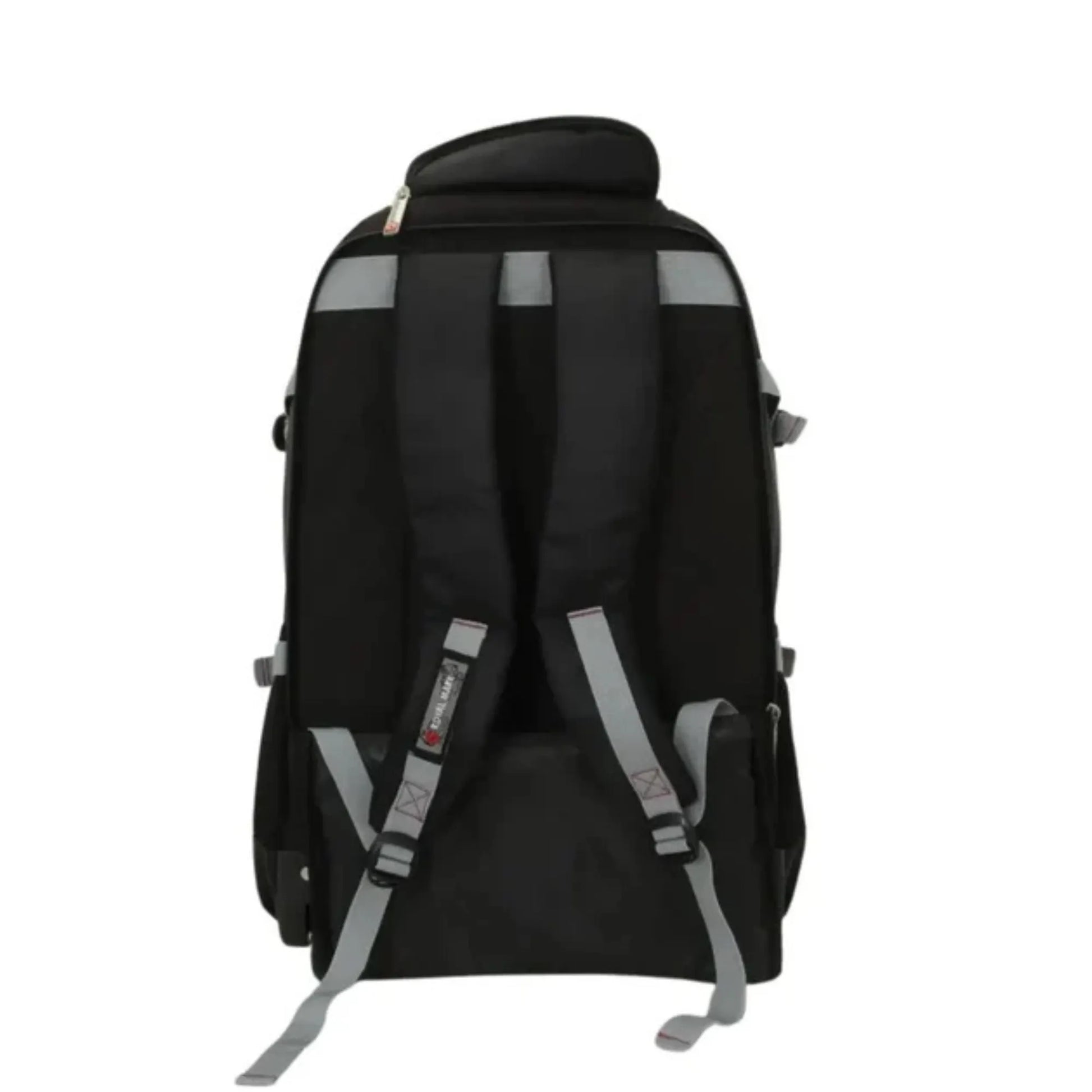 Black backpack with gray straps on a white background