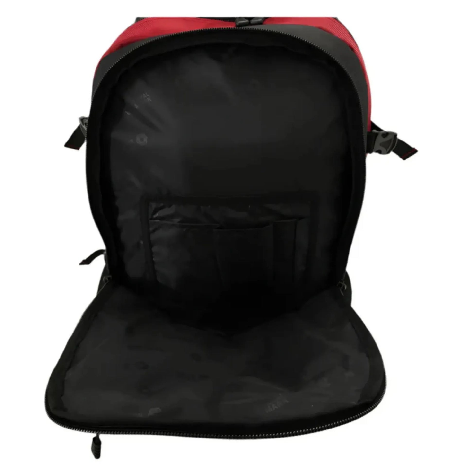 Black backpack with red top on a white background