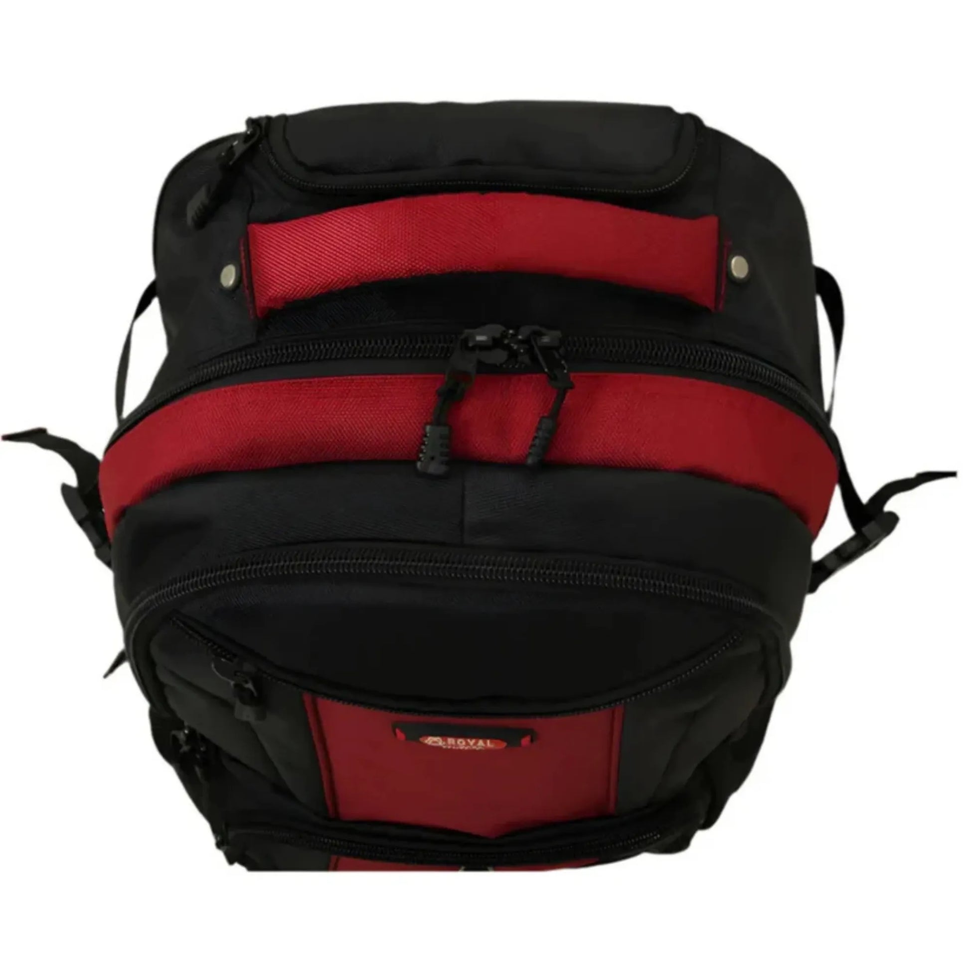 Black and red backpack on a white background