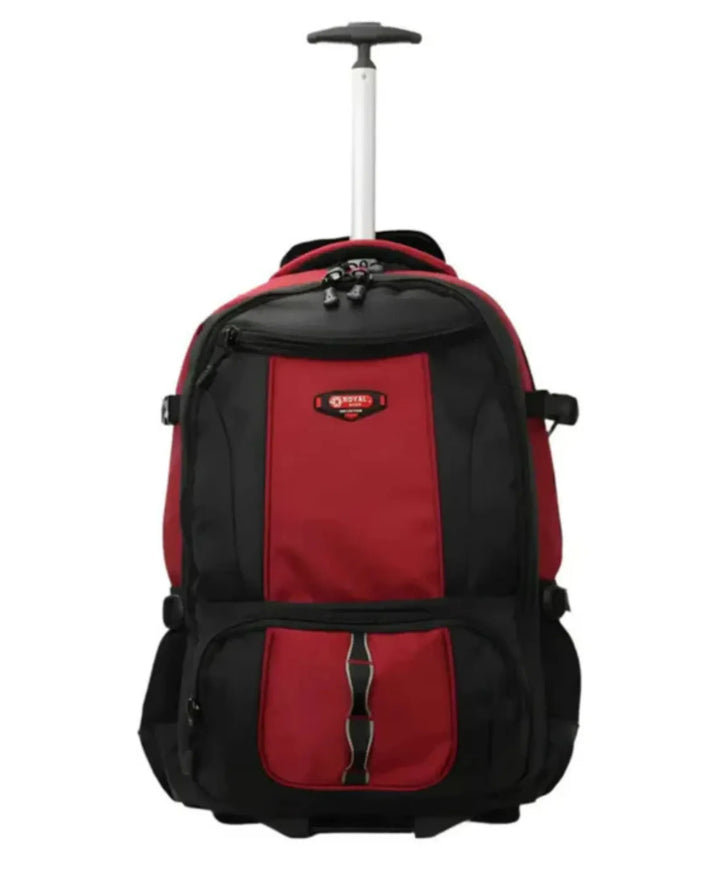 Red and black rolling backpack on a white background