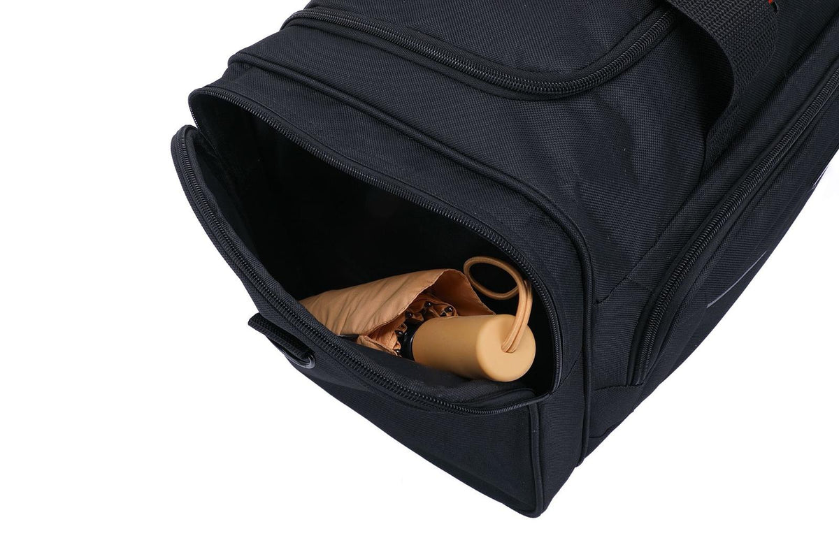 Close-up of the wet pocket at the end of the JustPack duffel holdall with shoes stowed inside