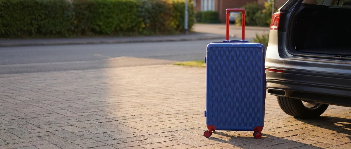 JustPack Basket-Weave hard shell suitcase in blue beside a car boot