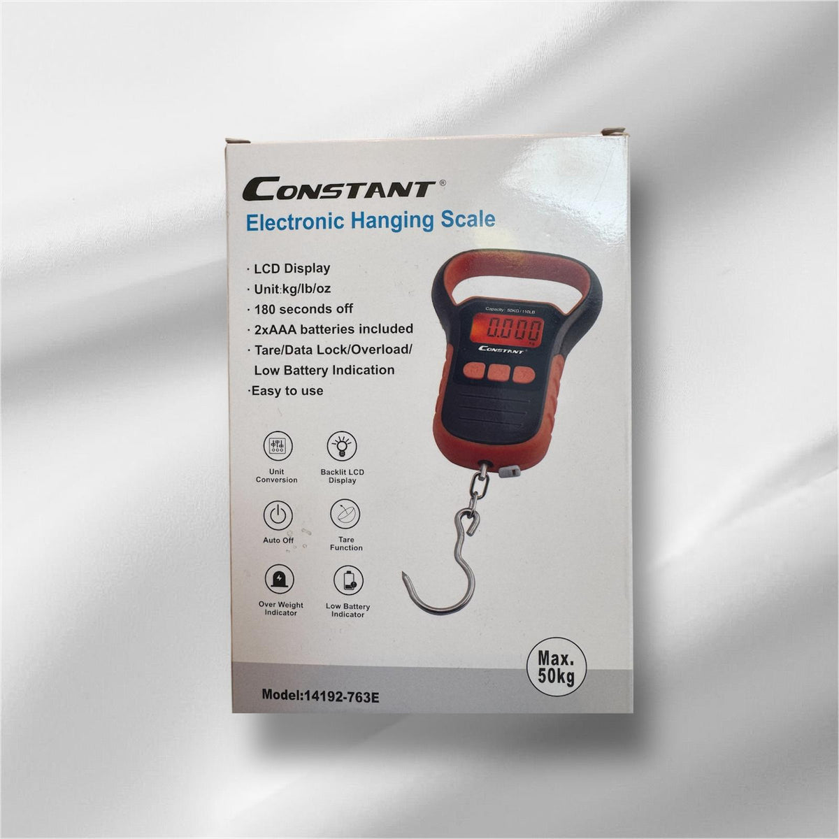 Retail box for the Constant electronic hanging scale photographed at an angle