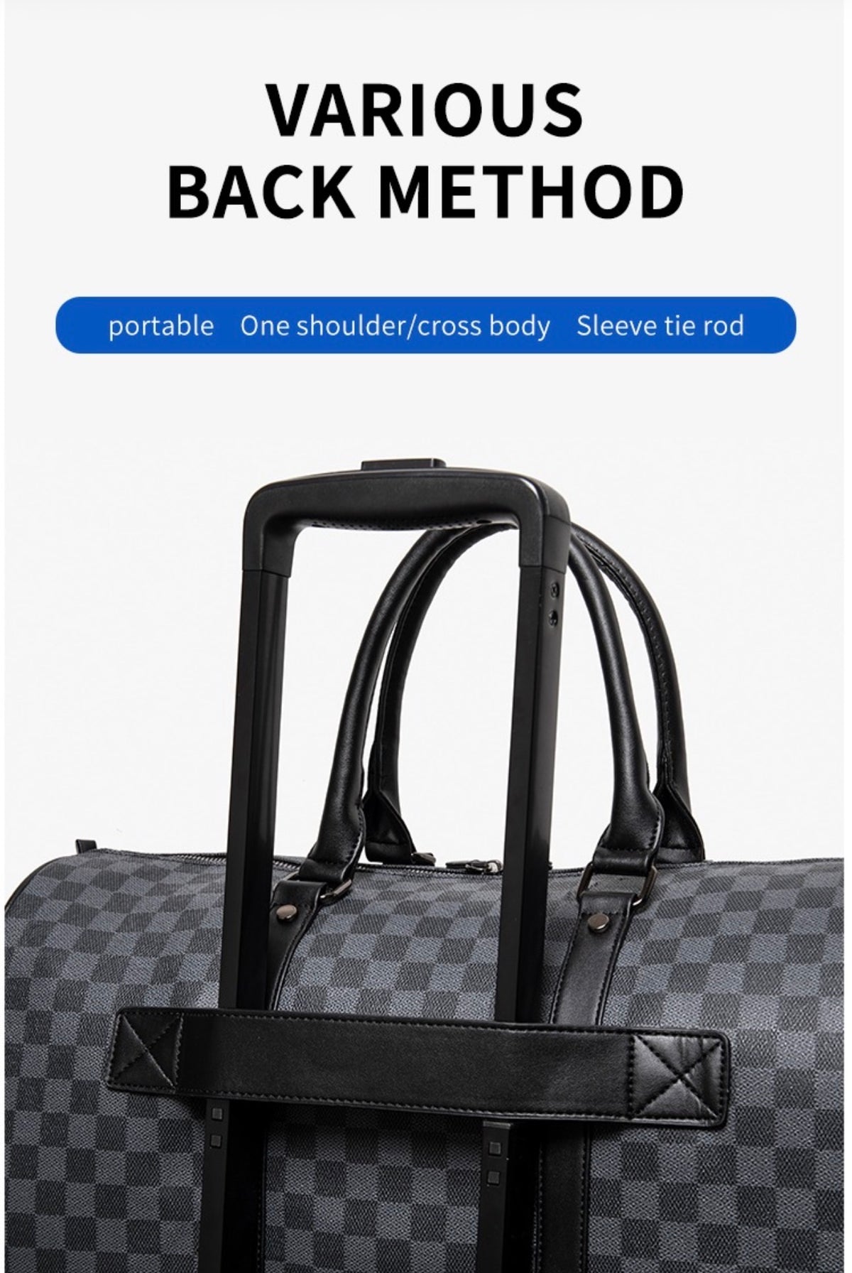 The Ezzyrol weekend holdall slid onto a suitcase handle through the sleeve on its back panel