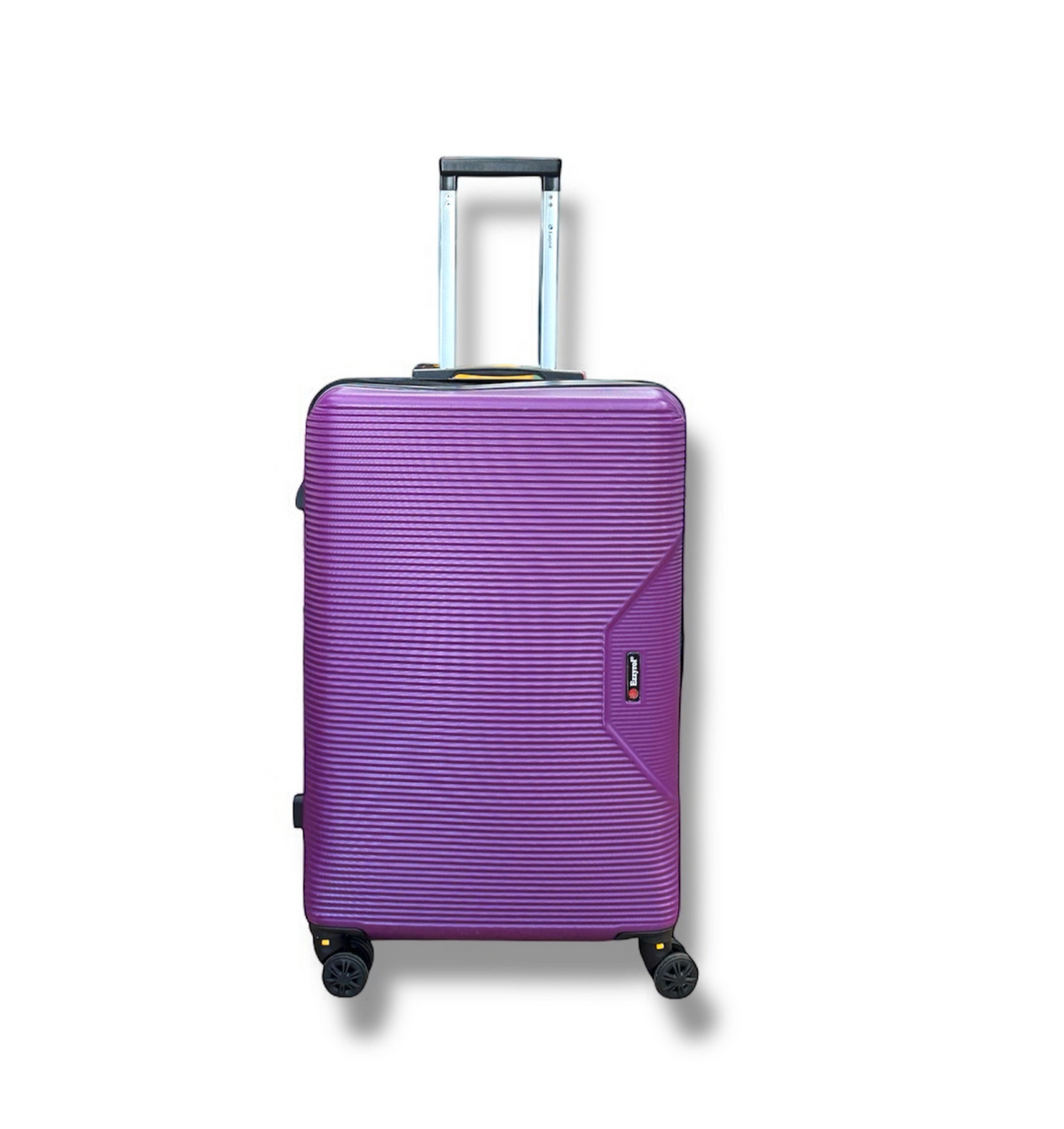 Ribbed hard shell cabin suitcase on four double spinner wheels, purple