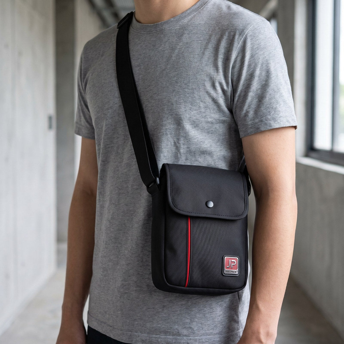 JUSTPACK Stripe flap-over crossbody bag, use case worn crossbody