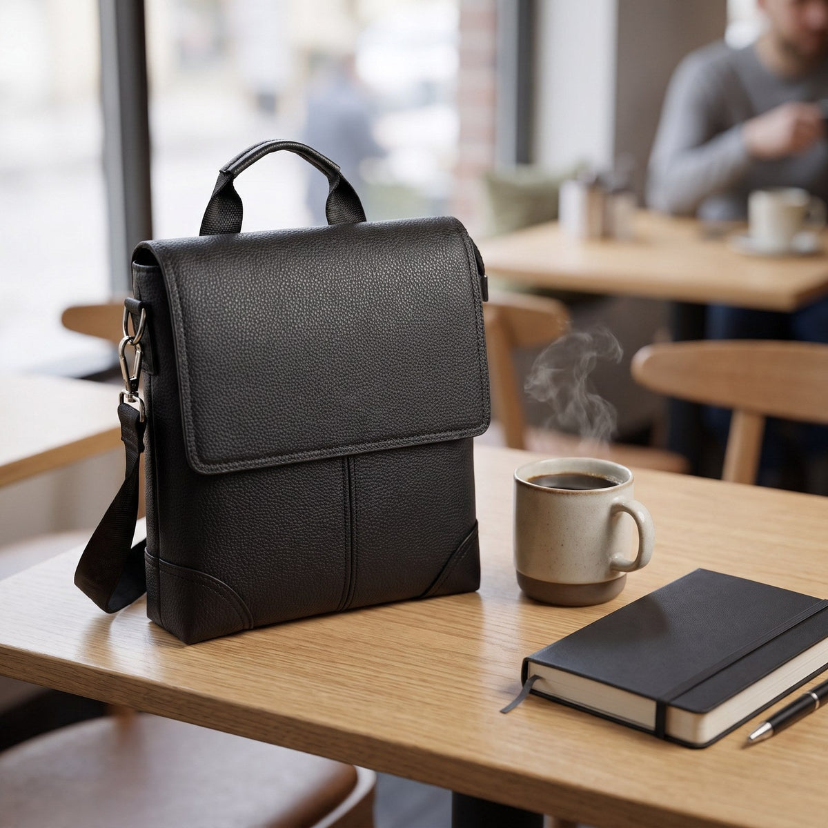 JUSTPACK Pebble flap-over messenger, lifestyle caf table