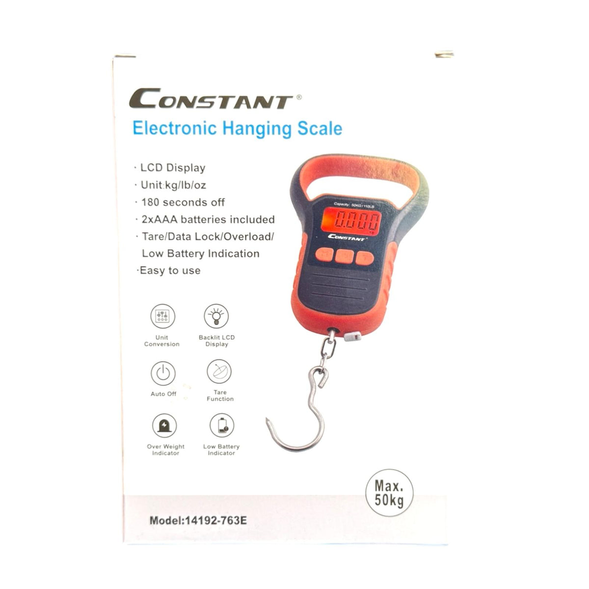 Retail box for the Constant electronic hanging scale, model 14192-763E, maximum 50 kg, listing an LCD display, kg and lb units, 180 second auto off, two AAA batteries included, tare and overload warning and a low battery indicator