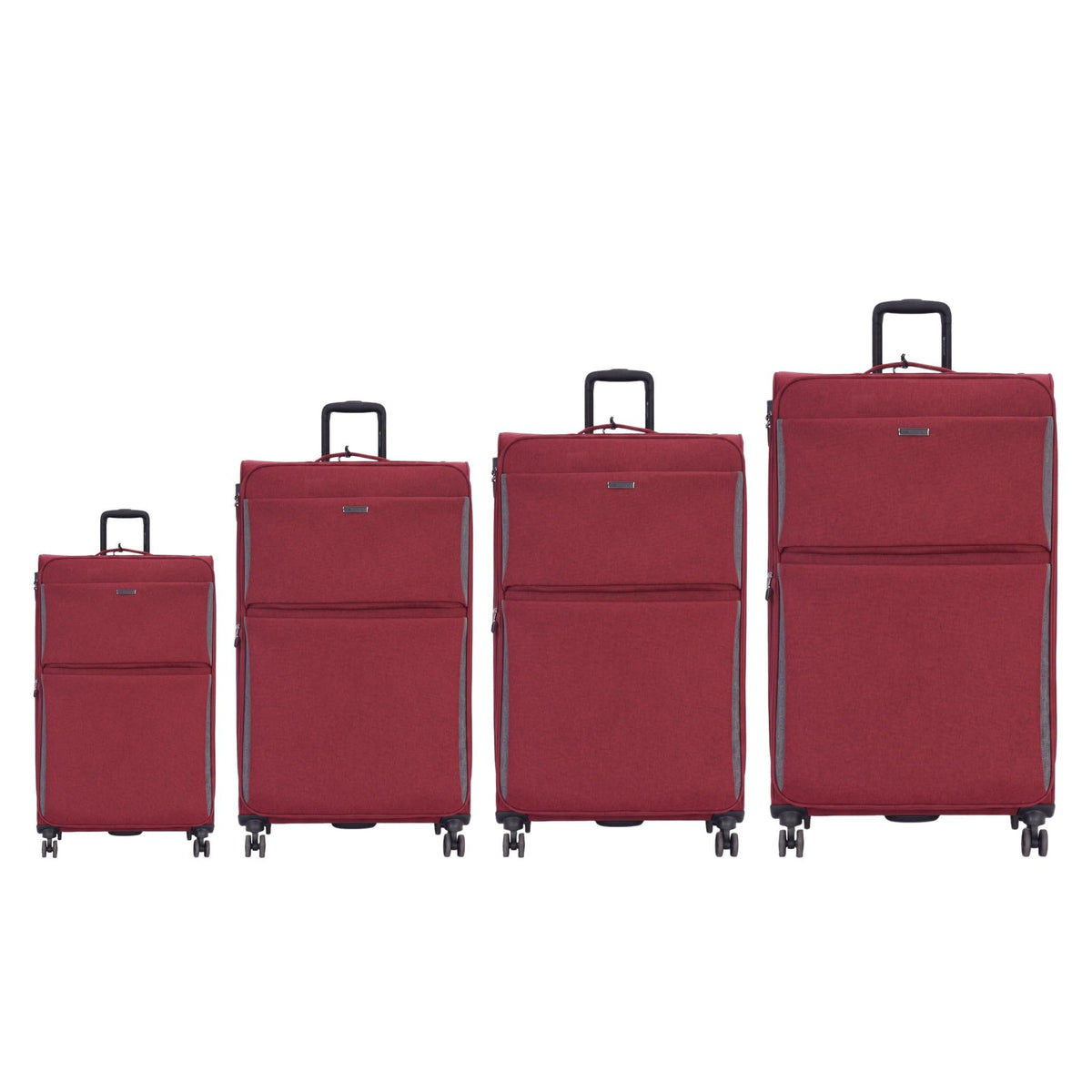 Grant Tailored soft shell in burgundy, all four sizes side by side, photographed to scale