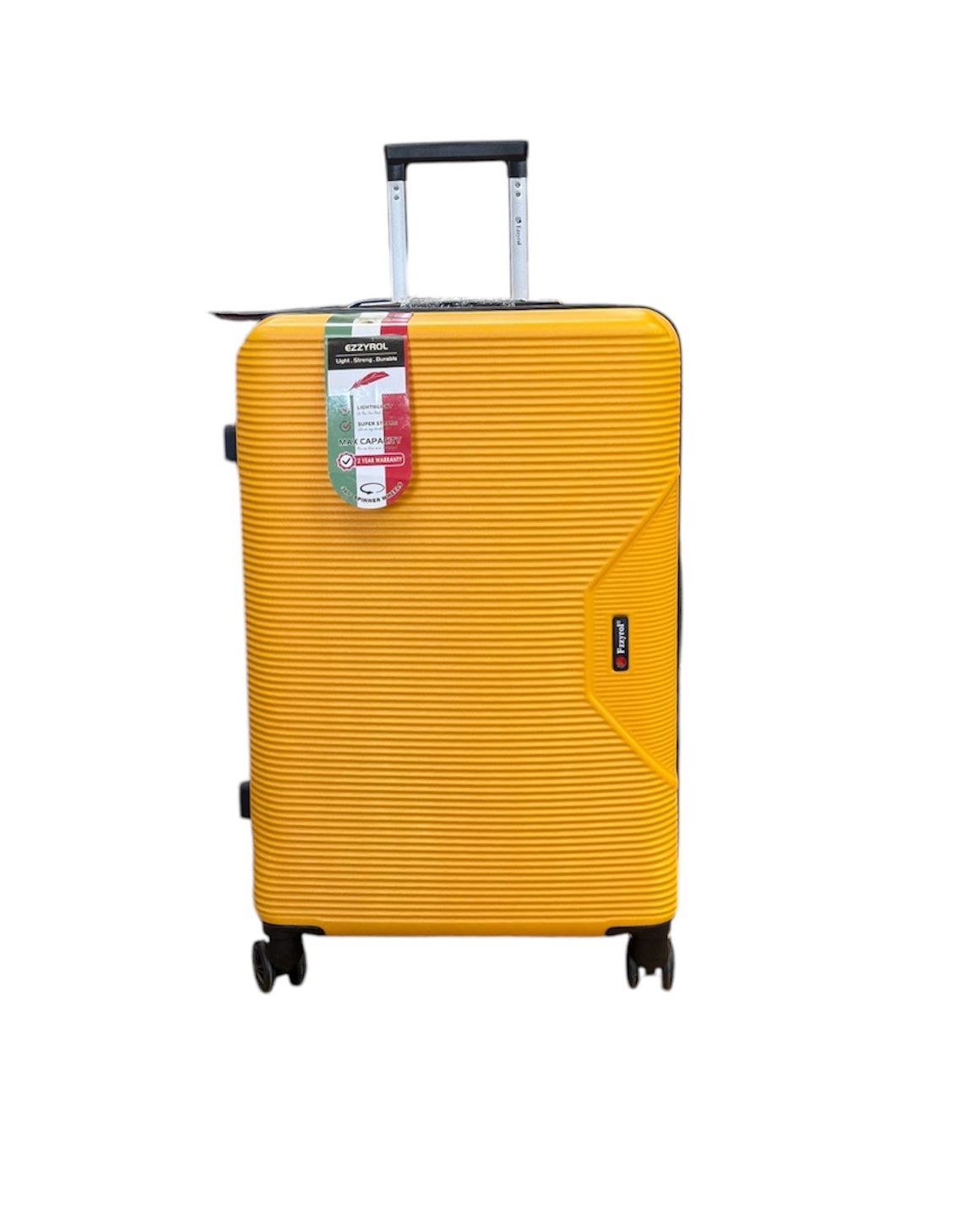 Ribbed hard shell cabin suitcase on four double spinner wheels, mustard yellow