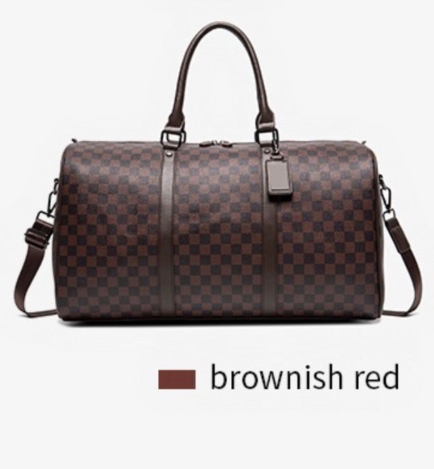 Ezzyrol under seat weekend holdall in a checkerboard pattern in deep red and brown