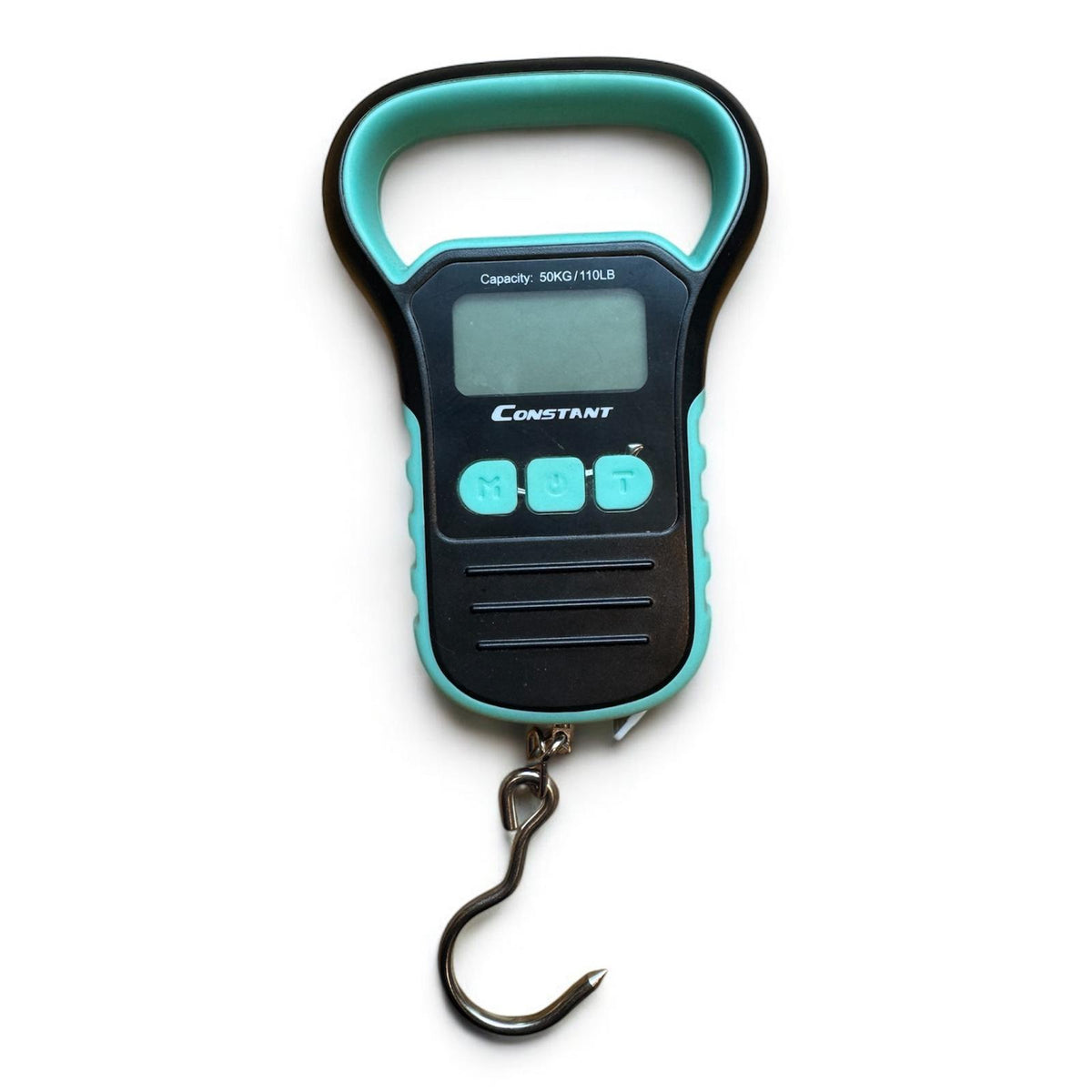 Close-up of the Constant electronic hanging luggage scale showing the LCD display, the buttons and the hook