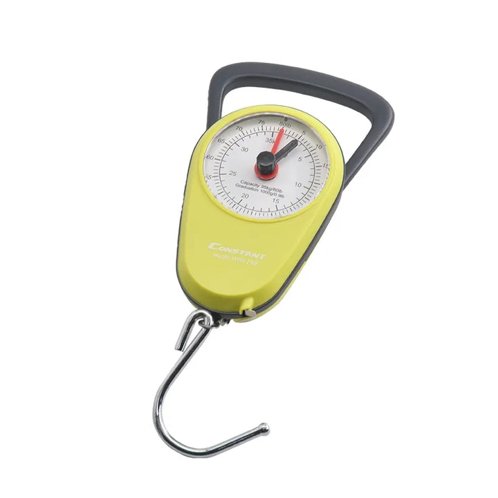 Portable mechanical luggage scale in yellow, with a dial face, a carry grip and a steel hook
