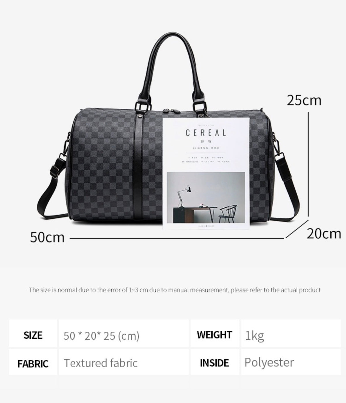 Ezzyrol weekend holdall dimensions, 50 cm long by 20 cm deep by 25 cm tall, 1 kg, textured fabric with a polyester lining