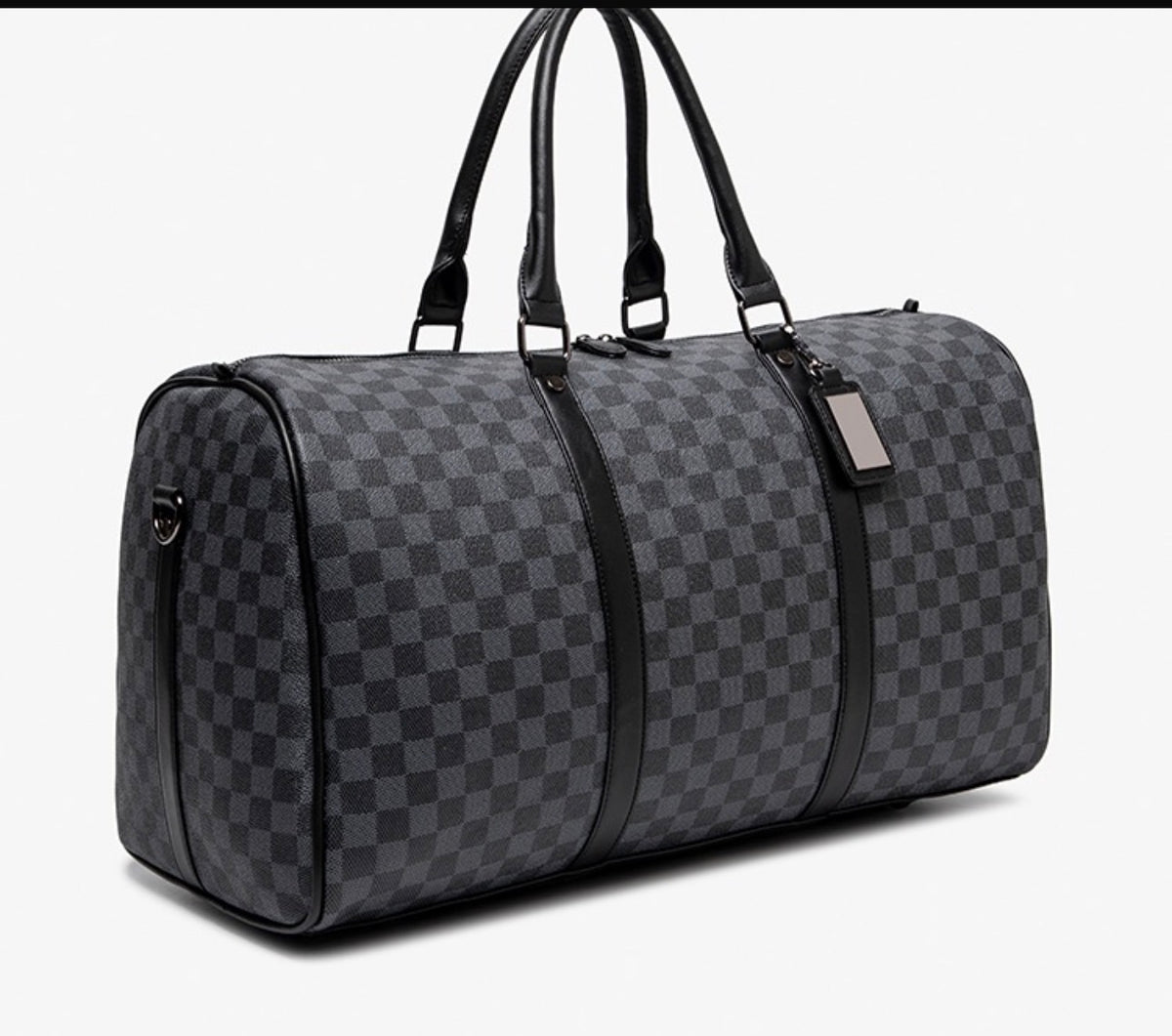 Ezzyrol under seat weekend holdall in a checkerboard pattern, charcoal and grey, three quarter view