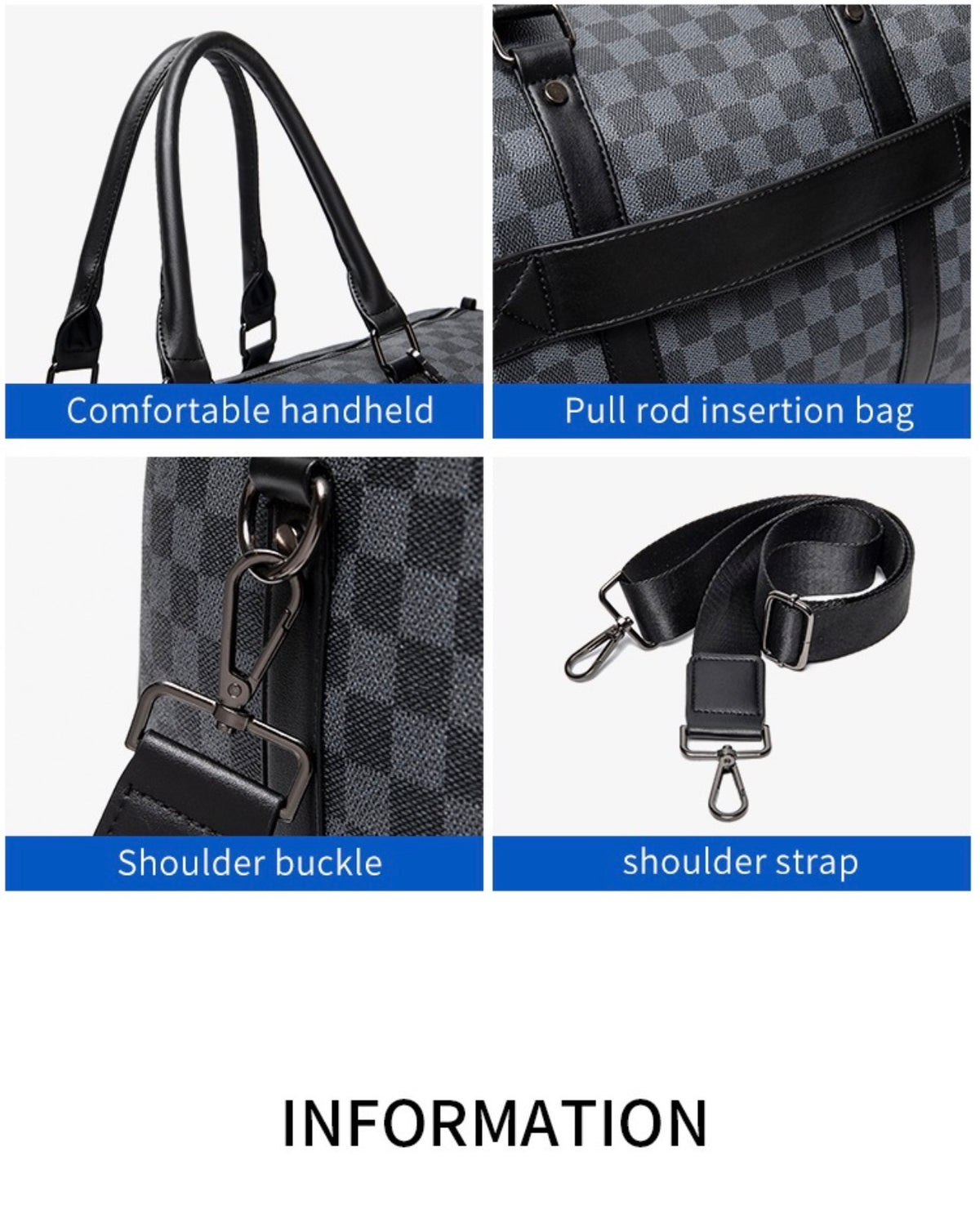 Carry options on the Ezzyrol weekend holdall: twin grab handles, a rear sleeve for a suitcase handle, the shoulder buckle and the padded shoulder strap