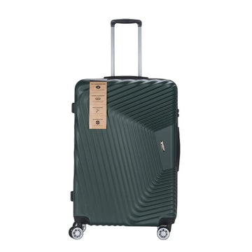Green suitcase with a visible brand label on a white background