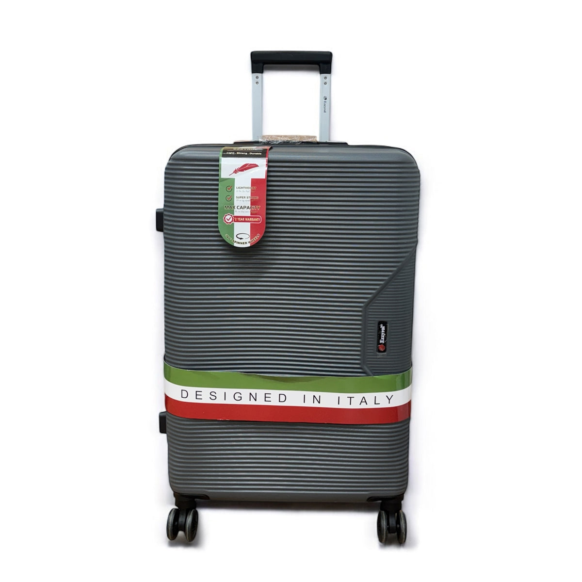 Ribbed hard shell cabin suitcase on four double spinner wheels, dark grey, with the retail band still fitted