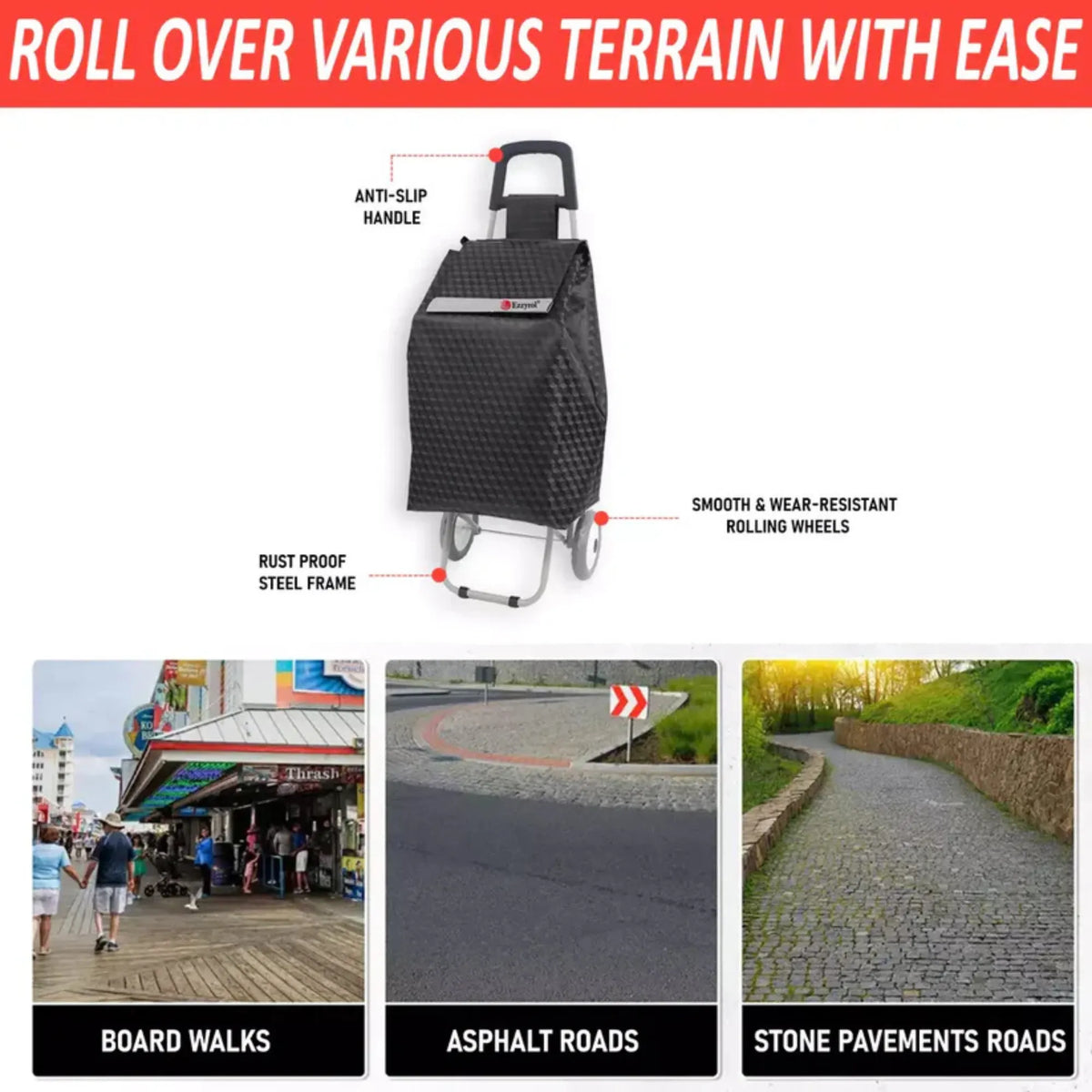 Black shopping trolley with features highlighted on a white background, showing its use on different terrains.