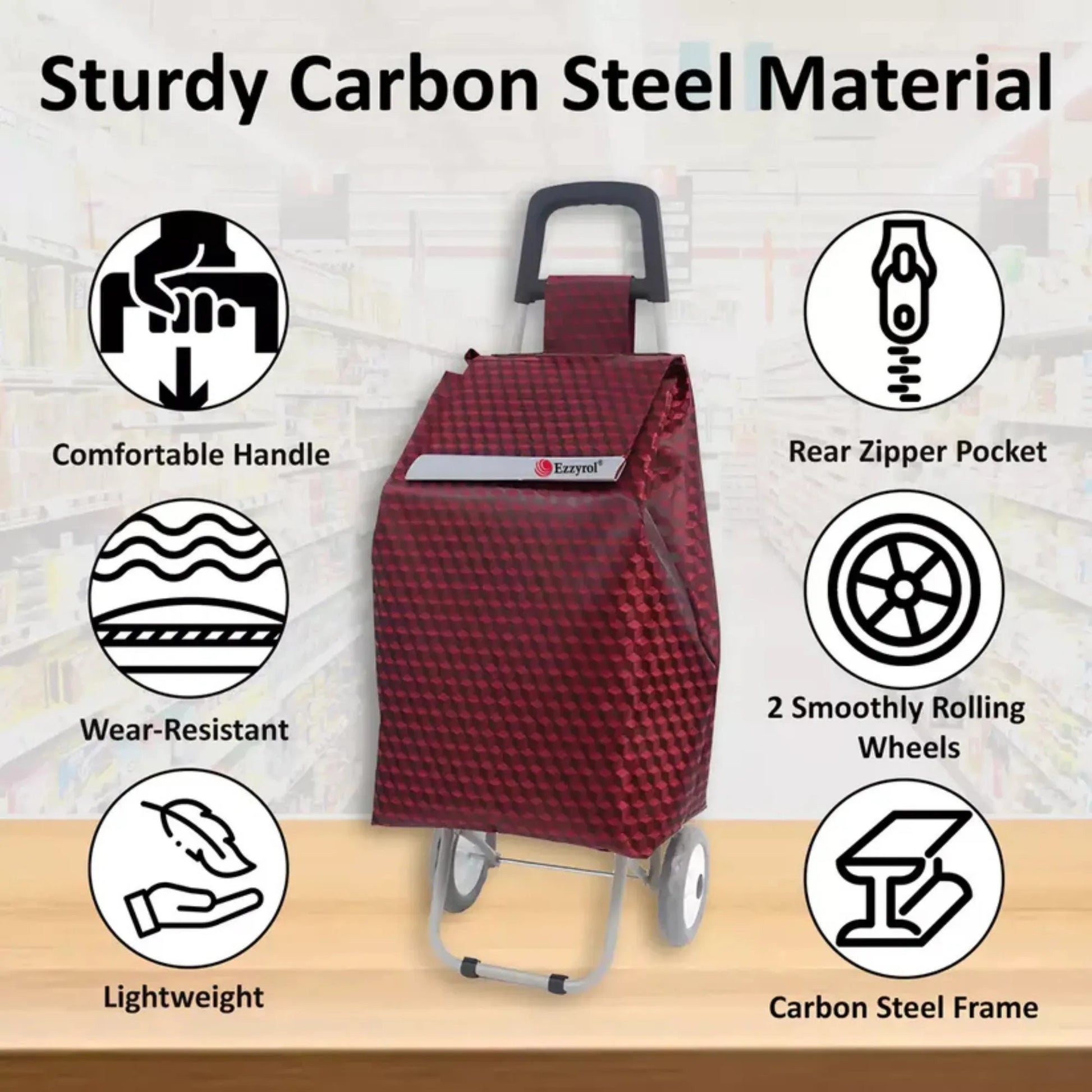 Red shopping cart with features highlighted on a light gray background