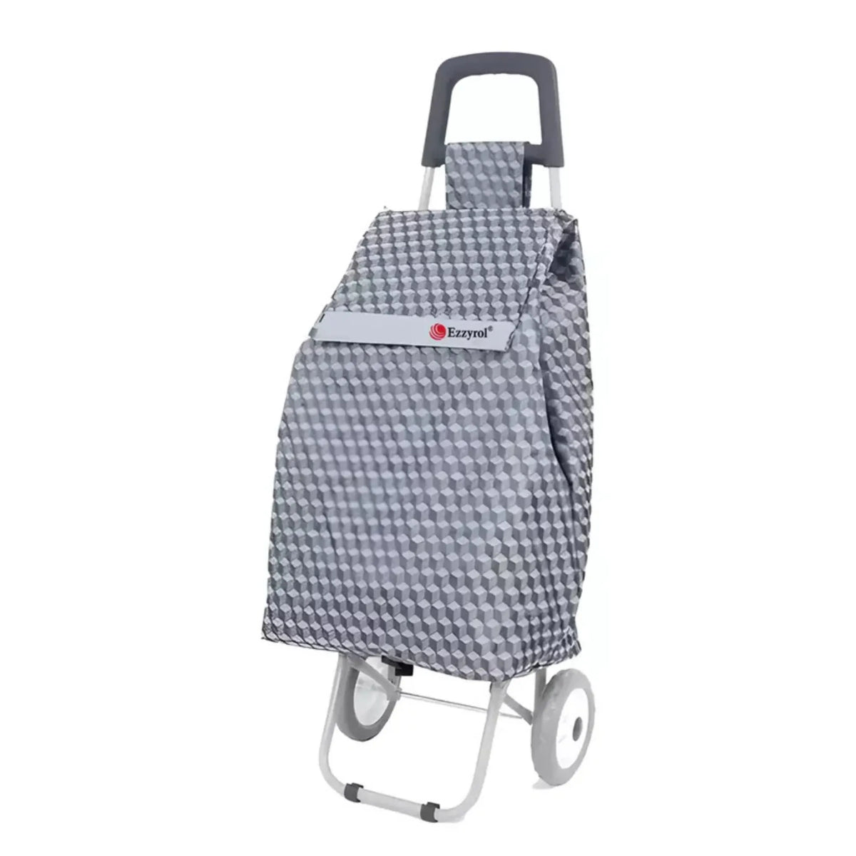 Checkered shopping trolley with a visible brand logo on a white background
