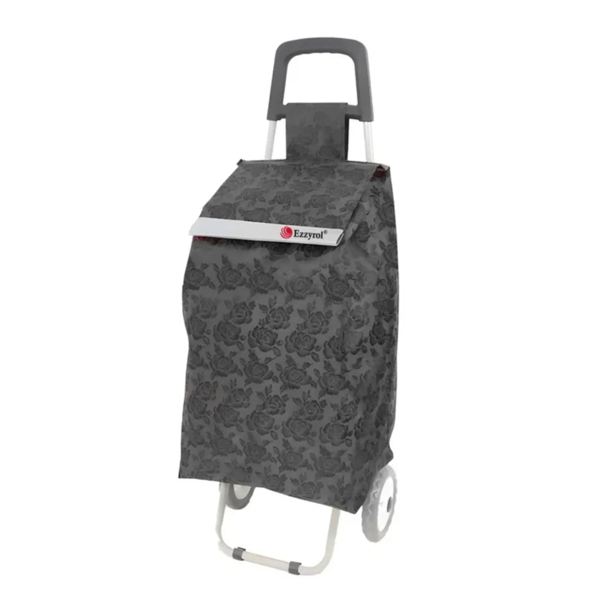 Gray floral-patterned shopping trolley bag with a visible brand logo on a white background