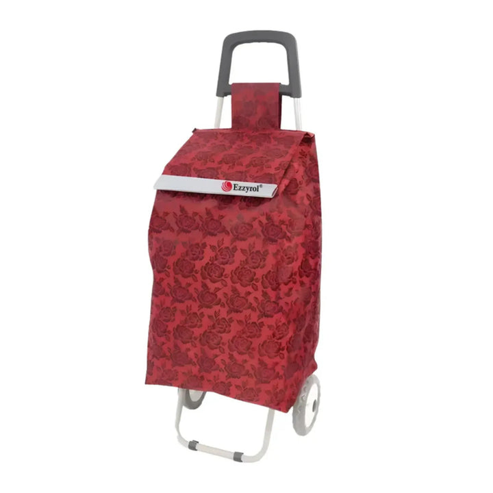 Red floral-patterned shopping trolley bag with a gray handle on a white background