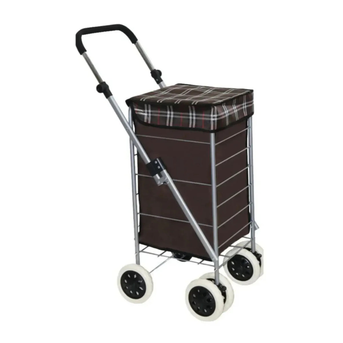 Brown shopping trolley with plaid seat on a white background