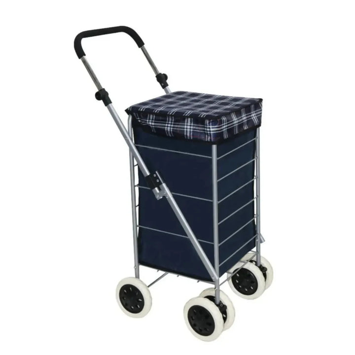 Navy blue shopping trolley with a checkered seat on a white background