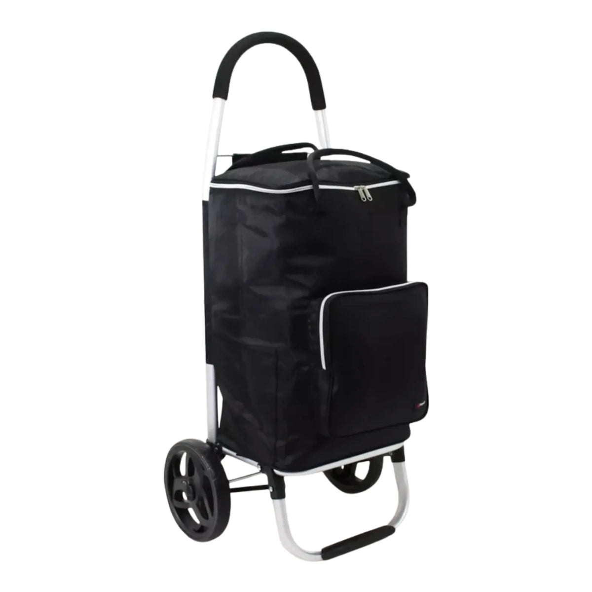 Black shopping trolley with a bag on a white background