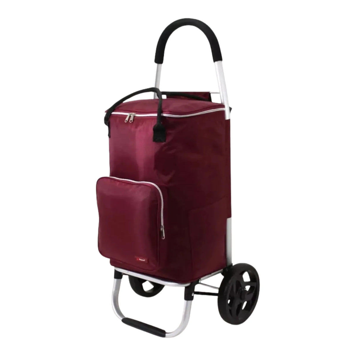 Maroon shopping trolley with wheels on a white background