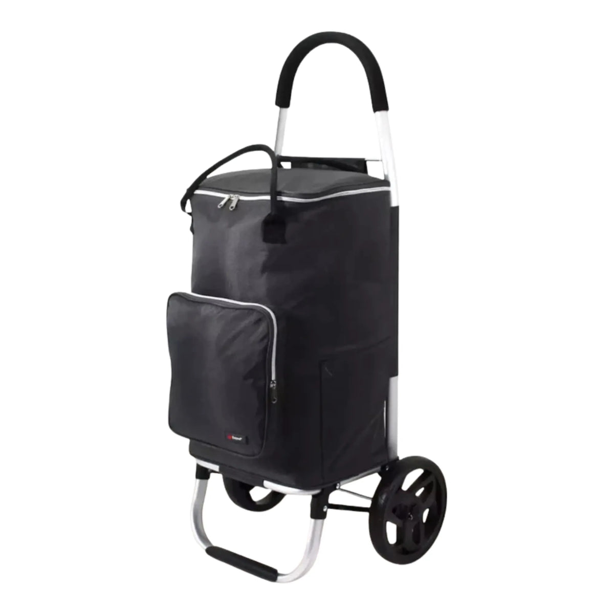 Black shopping trolley with a bag on a white background