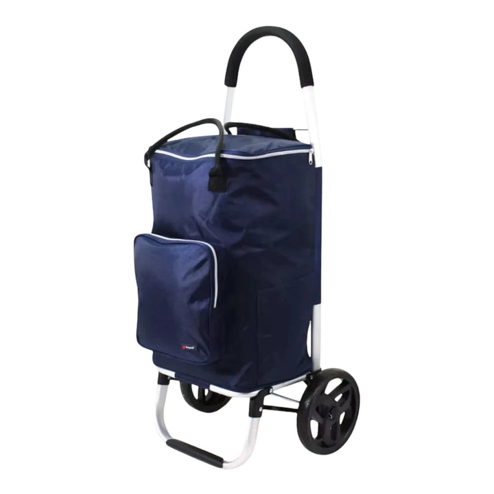 Navy blue shopping trolley with wheels on a white background
