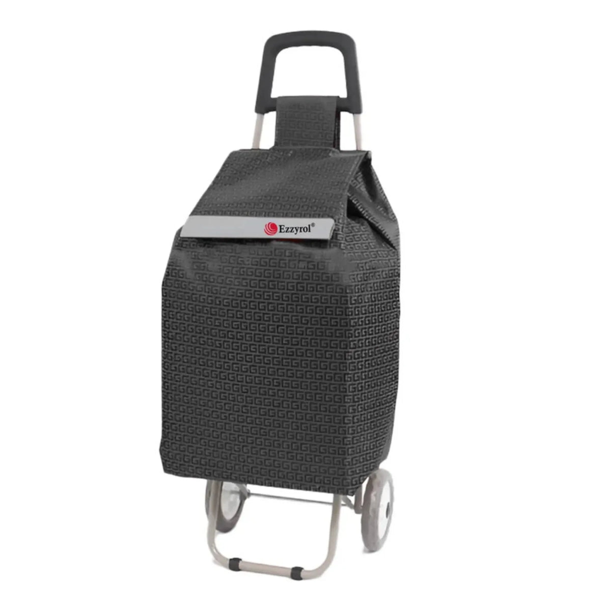 Black woven shopping trolley with wheels on a white background