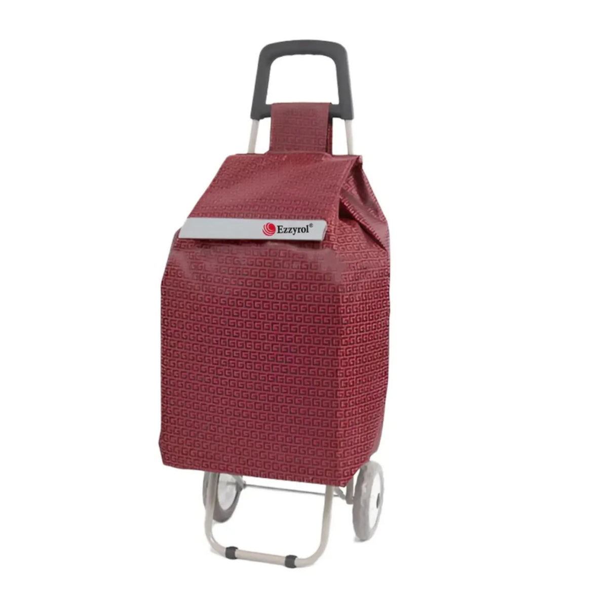Red shopping trolley bag with a handle and wheels on a white background