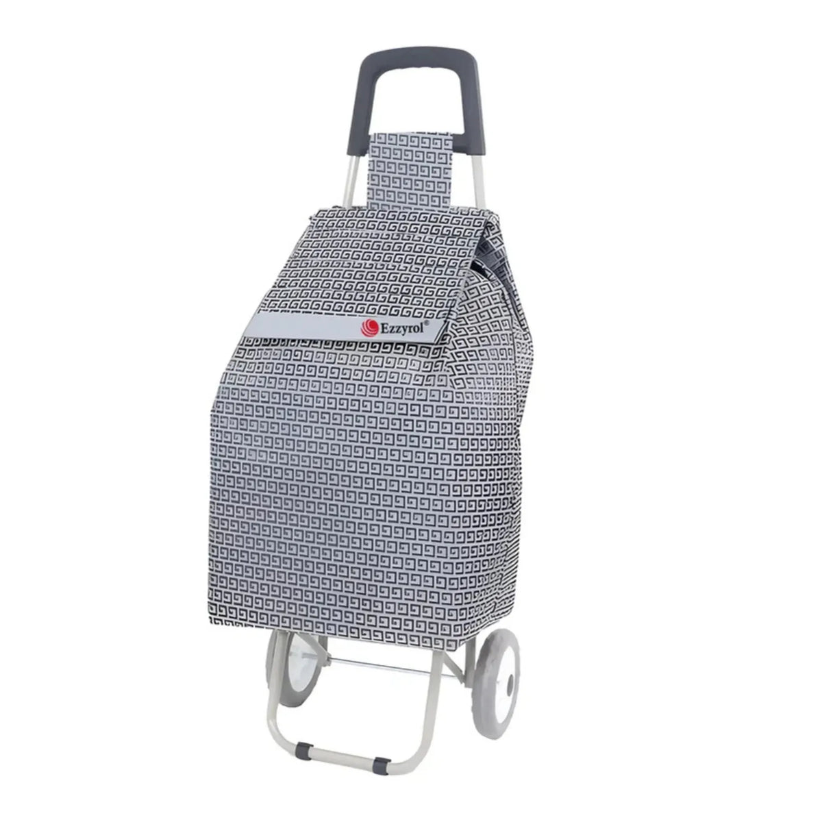 Cart with a patterned bag on wheels on a white background