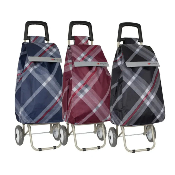 Three plaid-patterned shopping trolleys in blue, red, and gray on a white background.