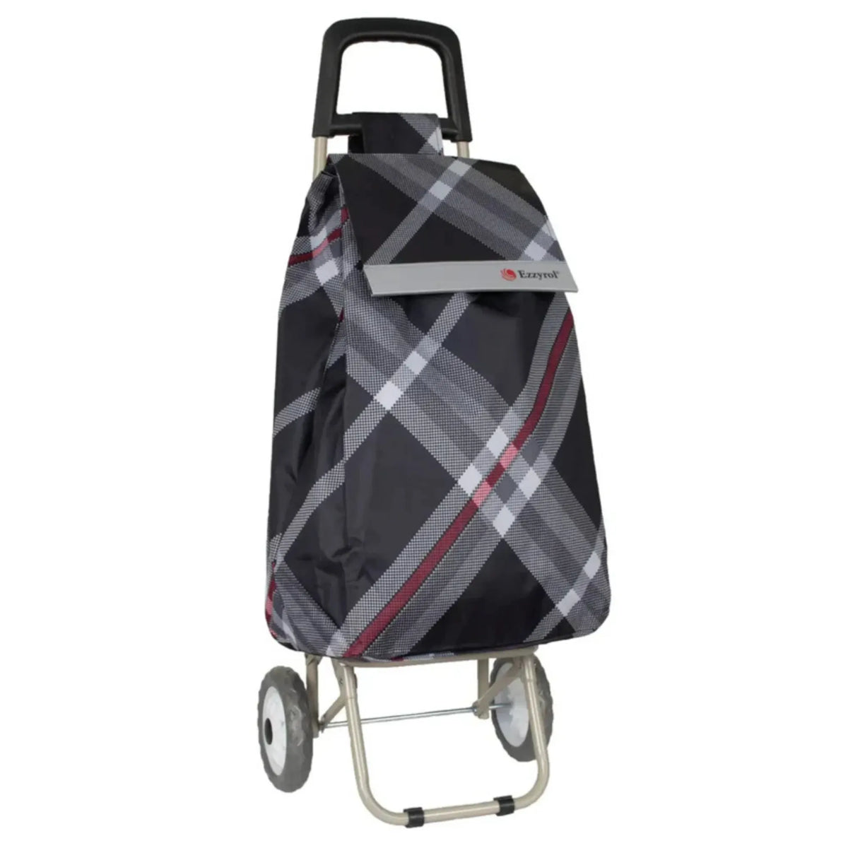 Plaid patterned shopping trolley bag with wheels on a white background