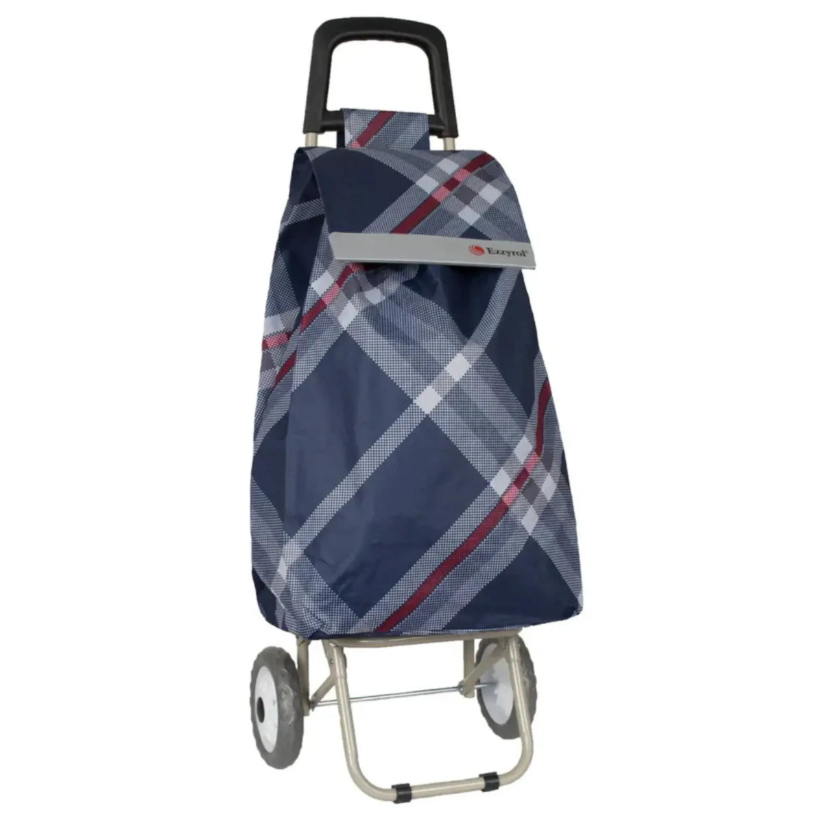 Plaid shopping trolley cover with a visible brand logo on a white background