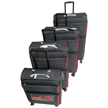 Set of black and red suitcases on a white background
